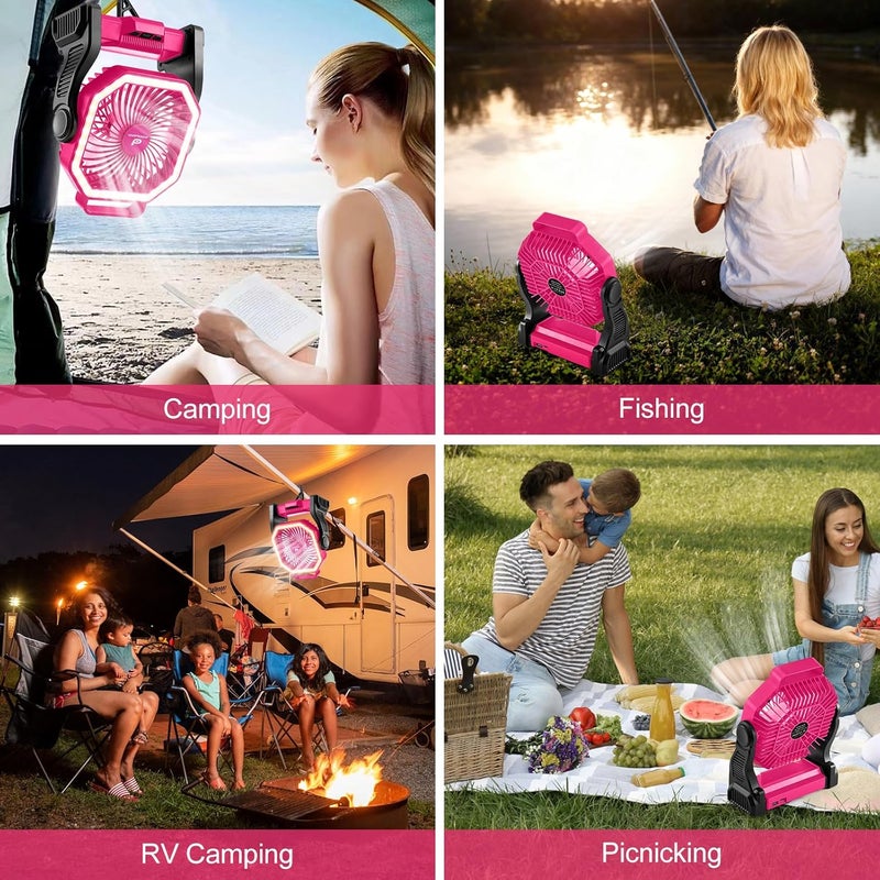 Odoland Rechargeable Camping Fan, 20000mAh Battery Fans with LED Lantern for Tent Car Beach Storm, Portable Light Desk Cooling Fan for Picnic Power Outage Hurricane, Pink - Image 5